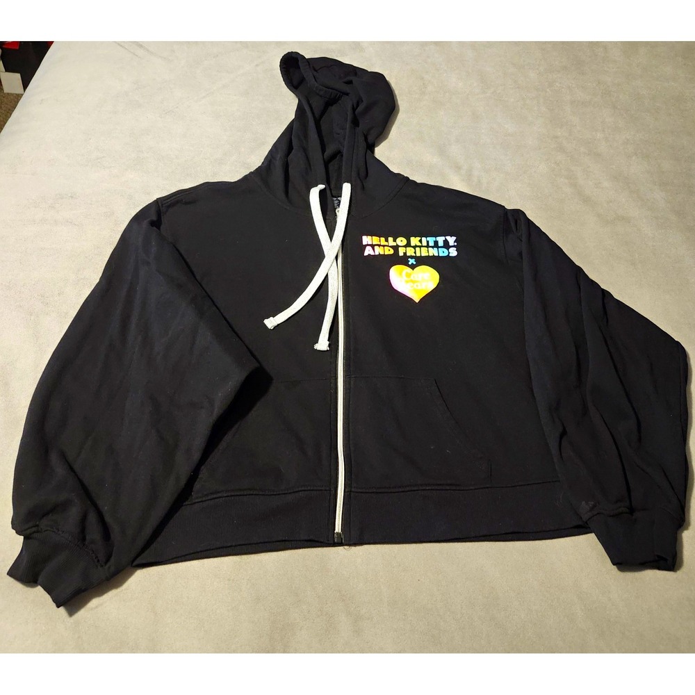 Hello Kitty Care Bears Zip Up Hoodie 2XL Black Sanrio Kawaii Rainbow Graphic